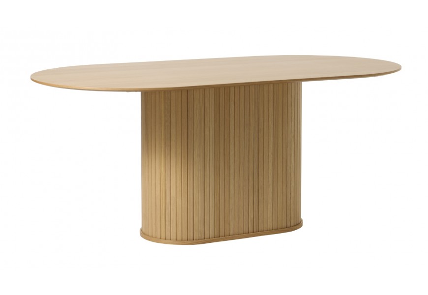 Retro svetlý hnedý dubový jedálenský stôl Bornholm s hladkou oválnou vrchnou doskou a mohutnou valcovitou nohou vykladanou zvislými lamelami
