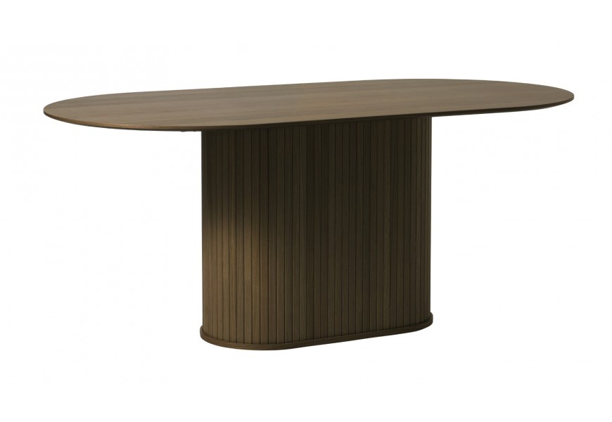 Škandinávsky severský jedálenský stôl Bornholm s oválnou vrchnou doskou s hladkým povrchom s valcovitou mohutnou nohou s vertikálnym lamelovým dekorom v tmavej hnedej farbe v prírodnom dubovom prevedení