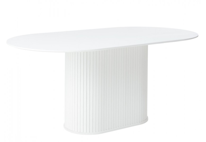 Retro jedálenský stôl Bornholm s hladkou oválnou vrchnou doskou s mohutnou oválnou nohou s vertikálnym lamelovým obkladom v čistom bielom dubovom prevedení
