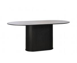 Moderný čierny jedálenský stôl Bornholm s hladkou oválnou doskou a mohutnou nohou s lamelovým dizajnom 180 cm