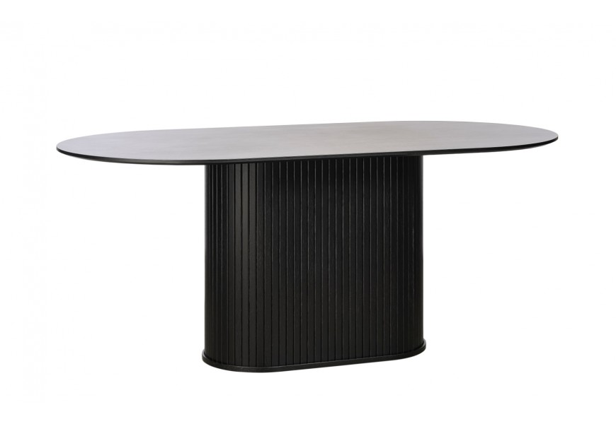 Retro oválny jedálenský stôl Bornholm v čiernom dubovom prevedení s priznanou kresbou dreva s hladkou vrchnou doskou a valcovitou nohou s vertikálnym lamelovým obkladom