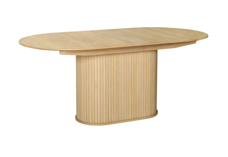 Retro svetlý hnedý dubový jedálenský stôl Bornholm s hladkou oválnou vrchnou doskou s rozkladacou funkciou s mohutnou nohou s vertikálnym lamelovým obkladom