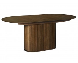 Retro rozkladac&iacute; jed&aacute;lensk&yacute; st&ocirc;l Bornholm s ov&aacute;lnou doskou a nohou s lamelami v tmavom hnedom dubovom preveden&iacute; 180-230 cm