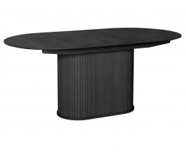 Modern&yacute; čierny dubov&yacute; jed&aacute;lensk&yacute; st&ocirc;l Bornholm s ov&aacute;lnou rozkladacou doskou a mohutnou nohou s lamelov&yacute;m dekorom 180-230 cm