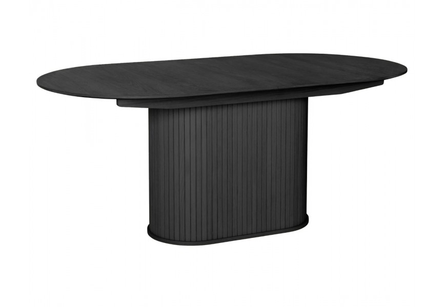 Retro oválny rozkladací jedálenský stôl Bornholm v čiernom dubovom prevedení s jemnou kresbou letokruhov dreva s hladkou doskou s mohutnou nohou a vertikálnym lamelovým dekorom