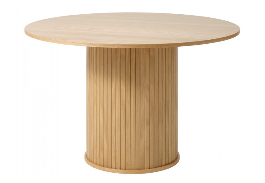 Retro svetlý hnedý dubový jedálenský stôl Bornholm s hladkou okrúhlou doskou a valcovitou nohou s vertikálnym lamelovým dekorom