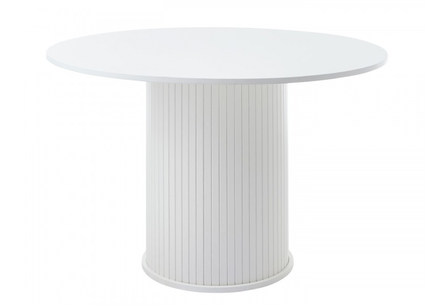 Retro biely jedálenský stôl Bornholm s okrúhlou hladkou vrchnou doskou a mohutnou nohou v tvare valce s obkladom z vertikálnych lamiel