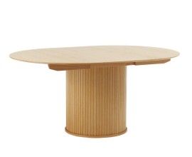 &Scaron;kandin&aacute;vsky okr&uacute;hly rozkladac&iacute; jed&aacute;lensk&yacute; st&ocirc;l Bornholm s lamelov&yacute;m dekorom v svetlom hnedom dubovom preveden&iacute; 120-167 cm