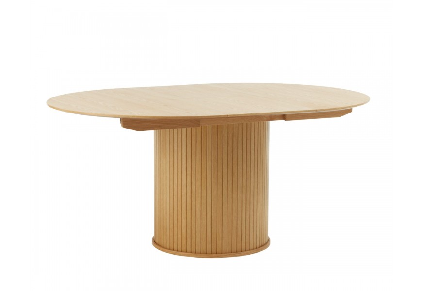 Retro svetlý hnedý dubový jedálenský stôl Bornholm s valcovitou nohou s lamelovým obkladom s hladkou okrúhlou vrchnou doskou s možnosťou rozloženia na oválnu