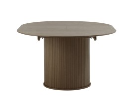 Retro tmav&yacute; hned&yacute; dubov&yacute; jed&aacute;lensk&yacute; st&ocirc;l Bornholm s okr&uacute;hlou rozkladacou doskou a lamelovou nohou 120-167 cm