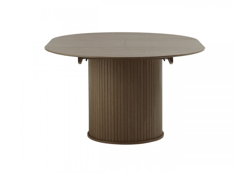 Škandinávsky okrúhly jedálenský stôl Bornholm s rozkladacou doskou na oválny tvar s valcovitou nohou s vertikálnym lamelovým dekorom v tmavom hnedom dubovom prevedení