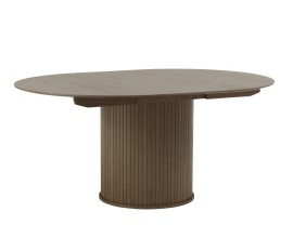 Retro tmav&yacute; hned&yacute; dubov&yacute; jed&aacute;lensk&yacute; st&ocirc;l Bornholm s okr&uacute;hlou rozkladacou doskou a lamelovou nohou 120-167 cm