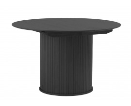 Moderný čierny jedálenský stôl Bornholm s okrúhlou doskou s rozkladaním na oválnu s lamelovou nohou v čiernej farbe 120-167 cm