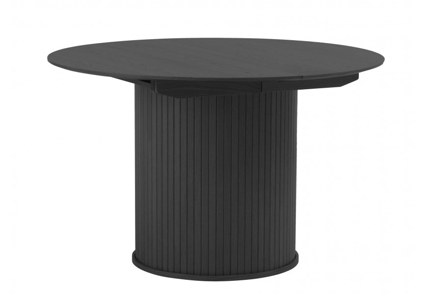 Retro okrúhly rozkladací jedálenský stôl Bornholm v čiernom dubovom prevedení s hladkou doskou a valcovitou nohou s vertikálnymi lamelami