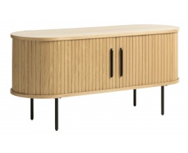 &Scaron;kandin&aacute;vsky ov&aacute;lny TV stol&iacute;k Bornholm s posuvn&yacute;mi lamelov&yacute;mi dvierkami vo svetlom hnedom dubovom preveden&iacute; 120 cm