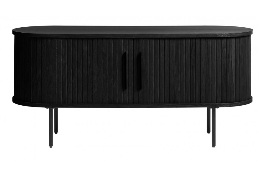 Retro dvojdverový televízny stolík Bornholm oválneho tvaru s lamelovým dekorom a štíhlymi kovovými nohami a úchytkami v čiernom dubovom prevedení