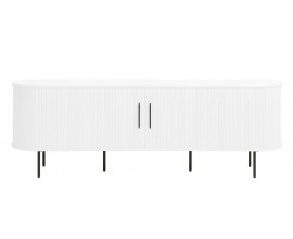 Retro ov&aacute;lny biely dvojdverov&yacute; telev&iacute;zny stol&iacute;k Bornholm s lamelov&yacute;m dekorom a &scaron;iestimi nohami a &uacute;chytkami z kovu v matnom čiernom preveden&iacute;