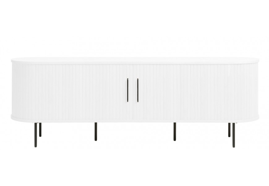 Retro oválny biely dvojdverový televízny stolík Bornholm s lamelovým dekorom a šiestimi nohami a úchytkami z kovu v matnom čiernom prevedení