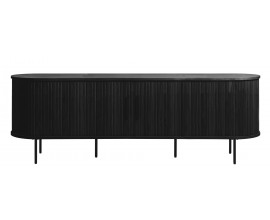Moderný oválny televízny stolík Bornholm v čiernom dubovom prevedení s posuvnými dvierkami s lamelami a kovovými nohami 180 cm