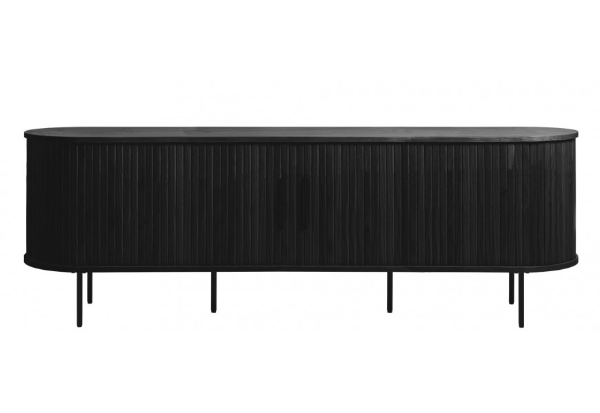 Retro televízny stolík Bornholm oválneho tvaru z dubového dreva v čiernom prevedení s dvomi posuvnými dvierkami s vertikálnym lamelovým dekorom so šiestimi nožičkami a úchytkami z kovu v matnej čiernej farbe