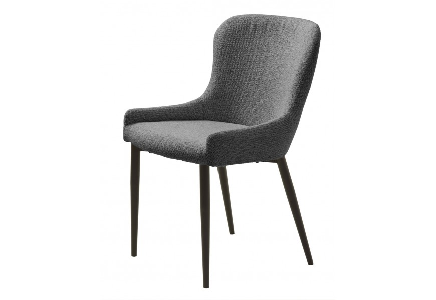 Dizajnová moderná jedálenská stolička Shariq so zaoblenou chrbtovou opierkou a poťahom z buklé v tmavej sivej farbe s čiernymi nohami z kovu
