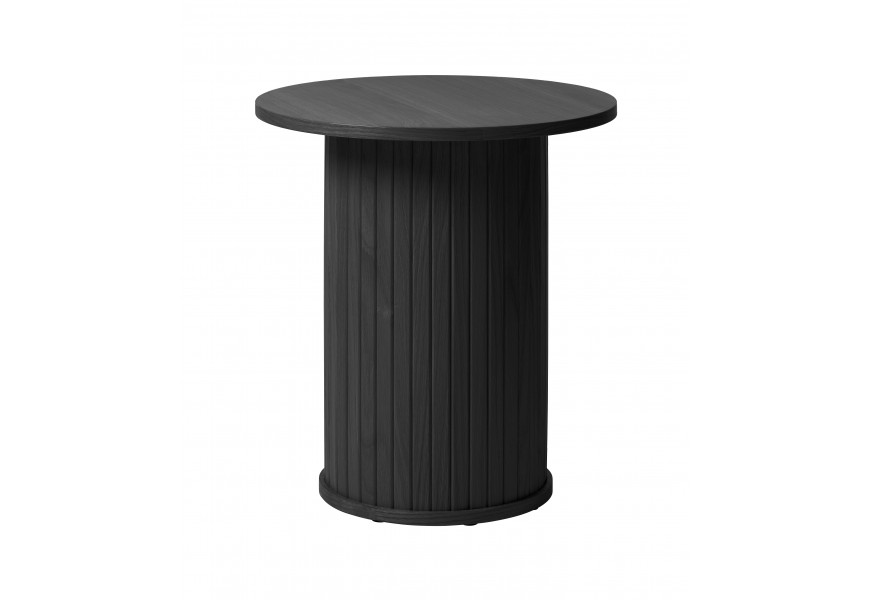Retro čierny príručný stolík Bornholm s okrúhlou hladkou doskou a širokou valcovitou nohou s vertikálnymi lamelami