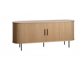 &Scaron;kandin&aacute;vsky svetl&yacute; hned&yacute; dubov&yacute; pr&iacute;born&iacute;k Bornholm s dvomi posuvn&yacute;mi dvierkami s lamelami s ov&aacute;lnou vrchnou doskou 180 cm