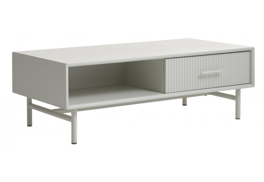 Art deco konferenčný stolík Hvidea vo svetlom sivobéžovom odtieni greige s obdĺžnikovou vrchnou doskou a úložným priestorom s jednou policou a zásuvkou s kovovými nohami