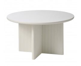 Art deco konferenčn&yacute; stol&iacute;k Hvidea s hladkou okr&uacute;hlou doskou s podstavou so &scaron;tyrmi nohami v tvare X s dr&aacute;žkovan&yacute;m reli&eacute;fom vo svetlom odtieni greige v sivob&eacute;žovej farbe