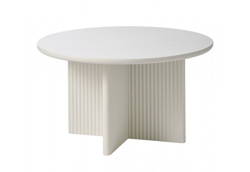 Art deco konferenčný stolík Hvidea s hladkou okrúhlou doskou s podstavou so štyrmi nohami v tvare X s drážkovaným reliéfom vo svetlom odtieni greige v sivobéžovej farbe