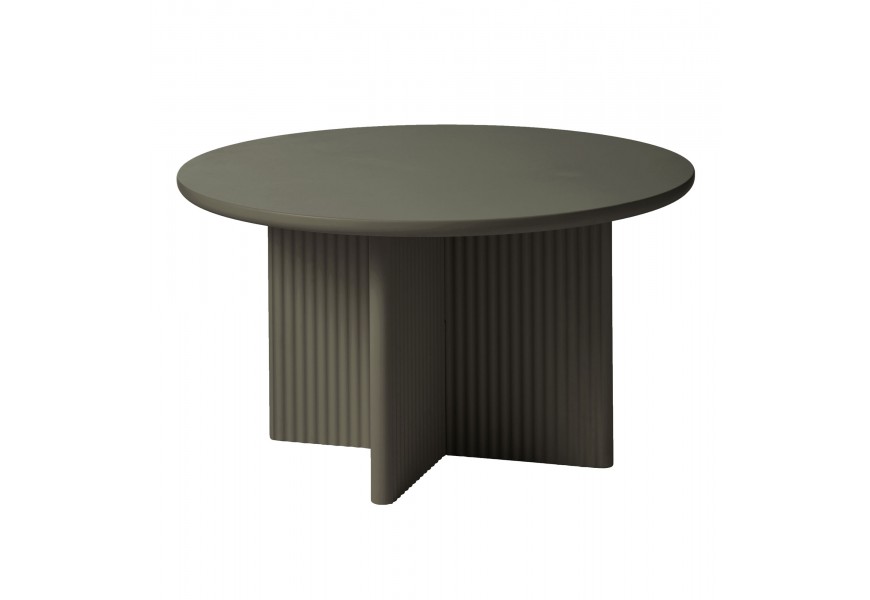 Art deco olivový zelený konferenčný stolík Hvidea s okrúhlou vrchnou doskou a podstavou so štyrmi nohami v tvare X s vertikálnym drážkovaným reliéfom