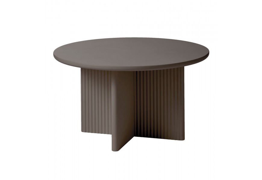 Art deco hnedosivý konferenčný stolík Hvidea v odtieni taupe s okrúhlou hladkou vrchnou doskou s podstavou so štyrmi nohami v tvare X s reliéfnym rebrovaným dekorom