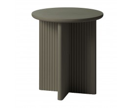 Art deco olivov&yacute; zelen&yacute; pr&iacute;ručn&yacute; stol&iacute;k Hvidea s hladkou okr&uacute;hlou doskou a podstavou so &scaron;tyrmi nohami v tvare kr&iacute;ža s vertik&aacute;lnym dr&aacute;žkovan&iacute;m