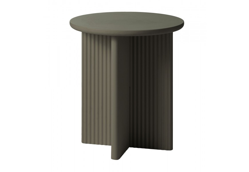 Art deco olivový zelený príručný stolík Hvidea s hladkou okrúhlou doskou a podstavou so štyrmi nohami v tvare kríža s vertikálnym drážkovaním