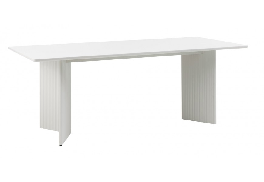 Art deco sivo béžový jedálenský stôl Hvidea s obdĺžnikovou vrchnou doskou so zaoblenými rohmi s dvomi nohami s pôdorysom v tvare V s vertikálnym drážkovaním