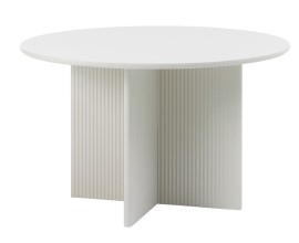 Modern&yacute; jed&aacute;lensk&yacute; st&ocirc;l Hvidea a hladkou okr&uacute;hlou vrchnou doskou so &scaron;tyrmi pln&yacute;mi nohami v tvare X s plastick&yacute;m rebrovan&yacute;m dekorom v &scaron;t&yacute;lovom odtieni greige v sivob&eacute;žovej farbe