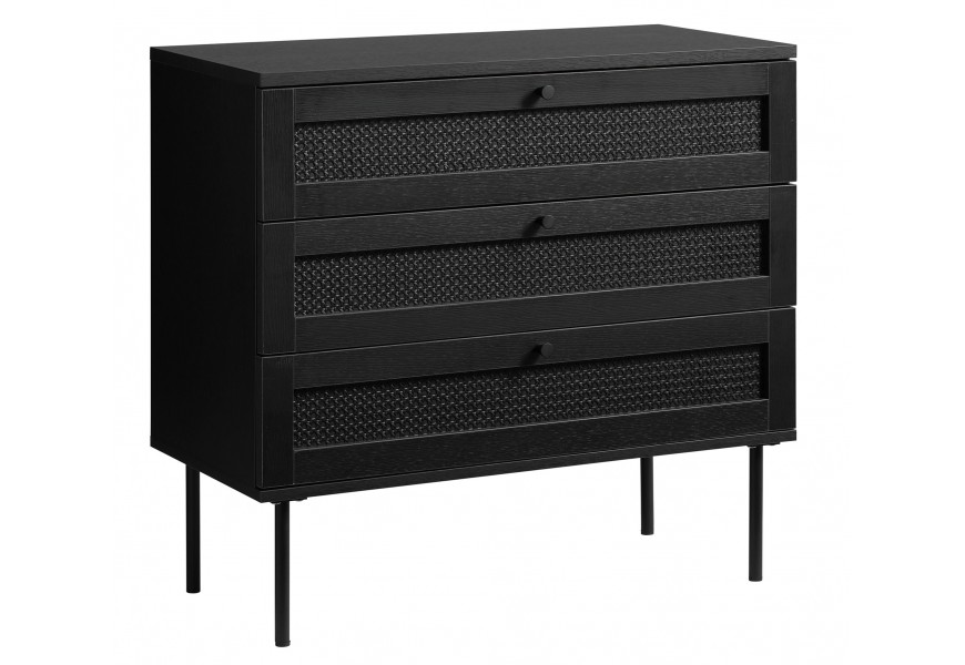 Moderná čierna komoda Malmo s tromi zásuvkami s fasádou s ratanovým výpletom s viedenským vzorom s nožičkami a úchytkami z kovu