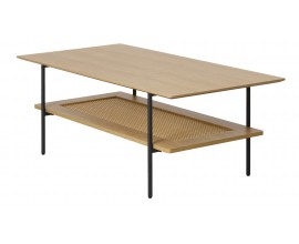 Retro konferenčn&yacute; stol&iacute;k Malmo s obdĺžnikovou doskou v hnedom dubovom dekore s ratanovou policou a čiernymi nohami 110 cm