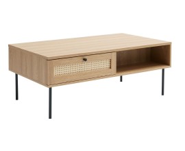 Retro industri&aacute;lny &scaron;kandin&aacute;vsky konferenčn&yacute; stol&iacute;k Malmo s obdĺžnikovou vrchnou doskou vo svetlom hnedom dubovom dekore s dvomi policami a dvomi z&aacute;suvkami s b&eacute;žov&yacute;m ratanov&yacute;m v&yacute;pletom s viedensk&yacute;m vzorom s čiernymi kovov&yacute;mi nohami