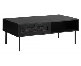 Industriálny retro obdĺžnikový čierny konferenčný stolík Malmo s dvomi policami a dvomi zásuvkami s ratanovým výpletom 110 cm