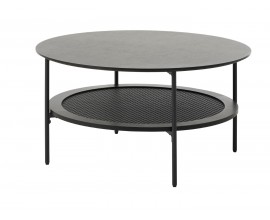 Industriálny moderný čierny konferenčný stolík Malmo s okrúhlou vrchnou doskou a policou s viedenským ratanovým výpletom 80 cm