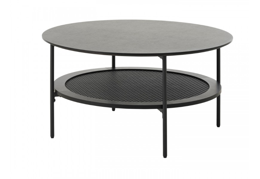 Retro okrúhly konferenčný stolík Malmo v čiernom prevedení s hladkou vrchnou doskou a policou s ratanovým výpletom s viedenským vzorom so štyrmi nohami z kovu valcovitého tvaru