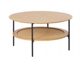 &Scaron;kandin&aacute;vsky okr&uacute;hly konferenčn&yacute; stol&iacute;k Malmo v hnedom dubovom dekore s policou s ratanov&yacute;m v&yacute;pletom a čiernymi nohami 80 cm