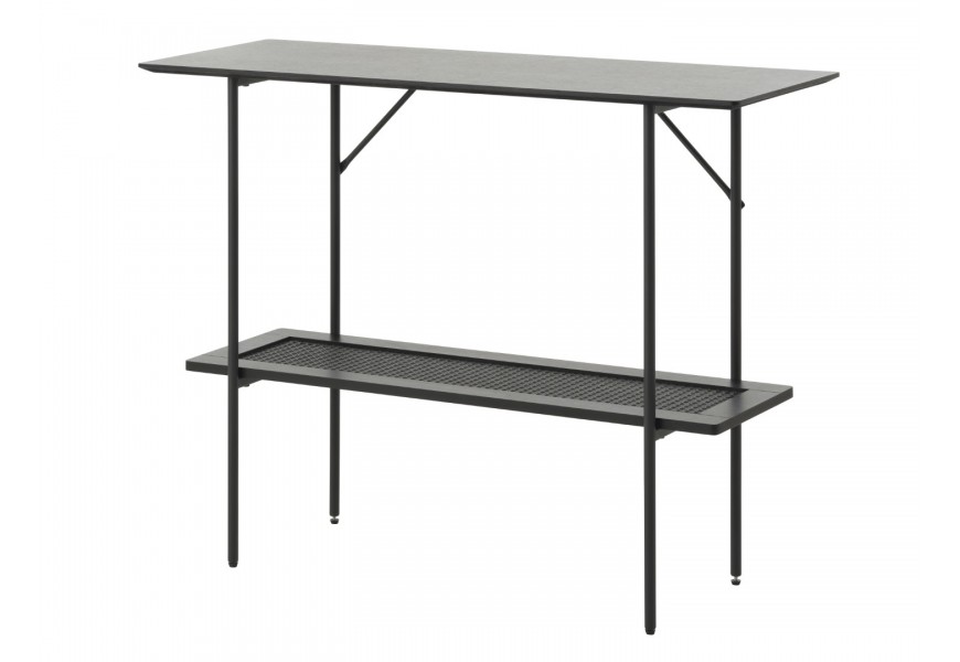 Retro industriálny obdĺžnikový konzolový stolík Malmo s hladkou vrchnou doskou a policou s výpletom s ratanu s viedenským vzorom so štíhlymi dlhými nohami v čiernom prevedení