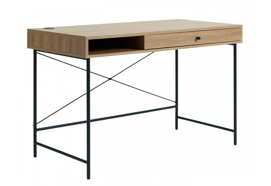 Moderný industriálny obdĺžnikový písací stôl Malmo s úložným priestorom s jednou policou a jednou zásuvkou vo svetlom hnedom dubovom prevedení s podstavou z kovu so štyrmi nohami v čiernej farbe