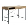 Moderný industriálny obdĺžnikový písací stôl Malmo s úložným priestorom s jednou policou a jednou zásuvkou vo svetlom hnedom dubovom prevedení s podstavou z kovu so štyrmi nohami v čiernej farbe