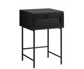 Industri&aacute;lny retro čierny nočn&yacute; stol&iacute;k Malmo so z&aacute;suvkou s ratanov&yacute;m viedensk&yacute;m v&yacute;pletom a vysok&yacute;mi kovov&yacute;mi nohami 45 cm