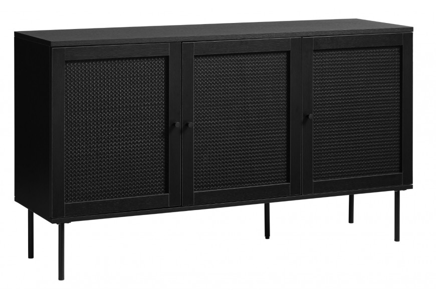 Moderný obdĺžnikový trojdverový príborník Malmo v čiernom dubovom dekore s výpletom z ratanu s viedenským vzorom s piatimi nohami z kovu