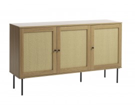 Retro trojdverov&yacute; pr&iacute;born&iacute;k Malmo vo svetlom hnedom dubovom dekore s viedensk&yacute;m ratanov&yacute;m v&yacute;pletom a čiernymi nohami 140 cm