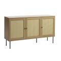 Moderný škandinávsky príborník Malmo vo svetlom hnedom dubovom prevedení s tromi dvierkami s ratanovým výpletom s viedenským vzorom v béžovej farbe s kovovými nohami a úchytkami v čiernej farbe